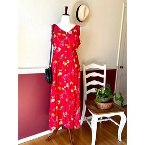 Vintage Express Red Floral Maxi Dress 90s Rayon Button Front Size 9/10 Summer